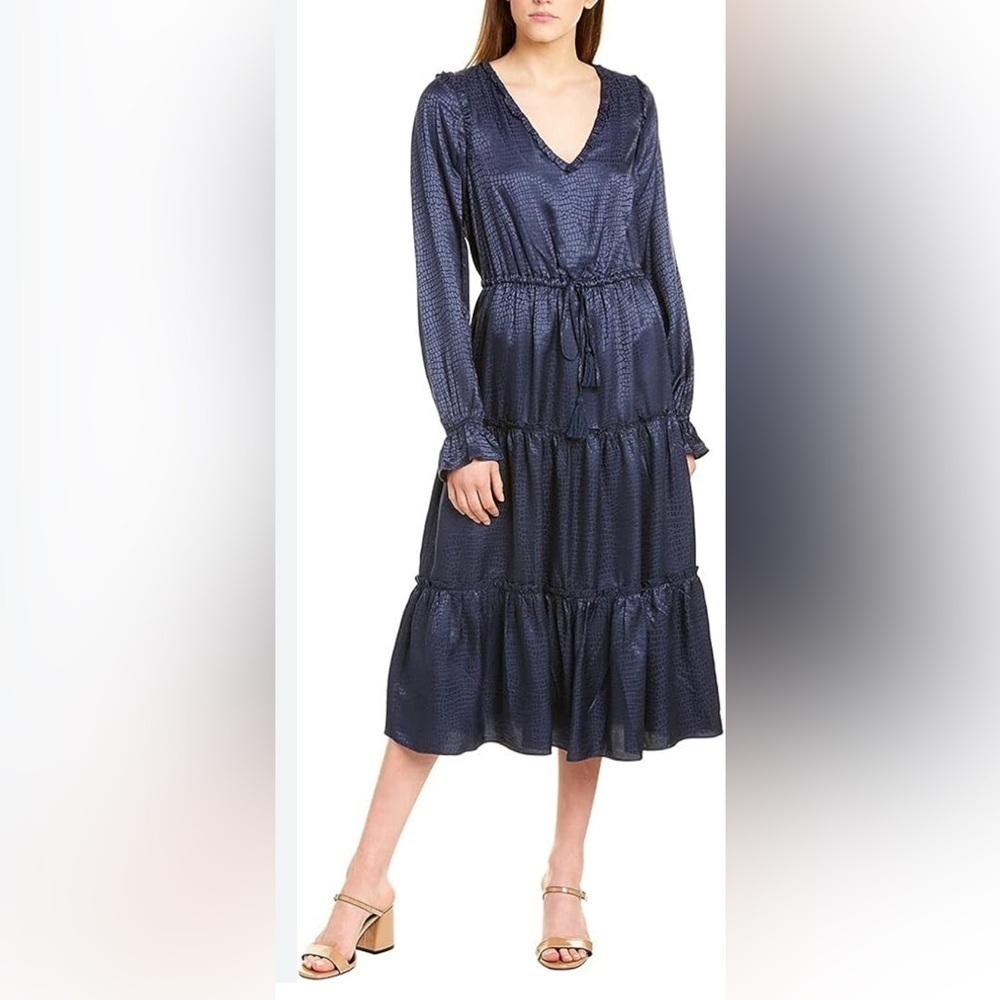 Sail to Sable STS Navy Blue Silk Blend Midi Dress Tiered Long Sleeve Medium